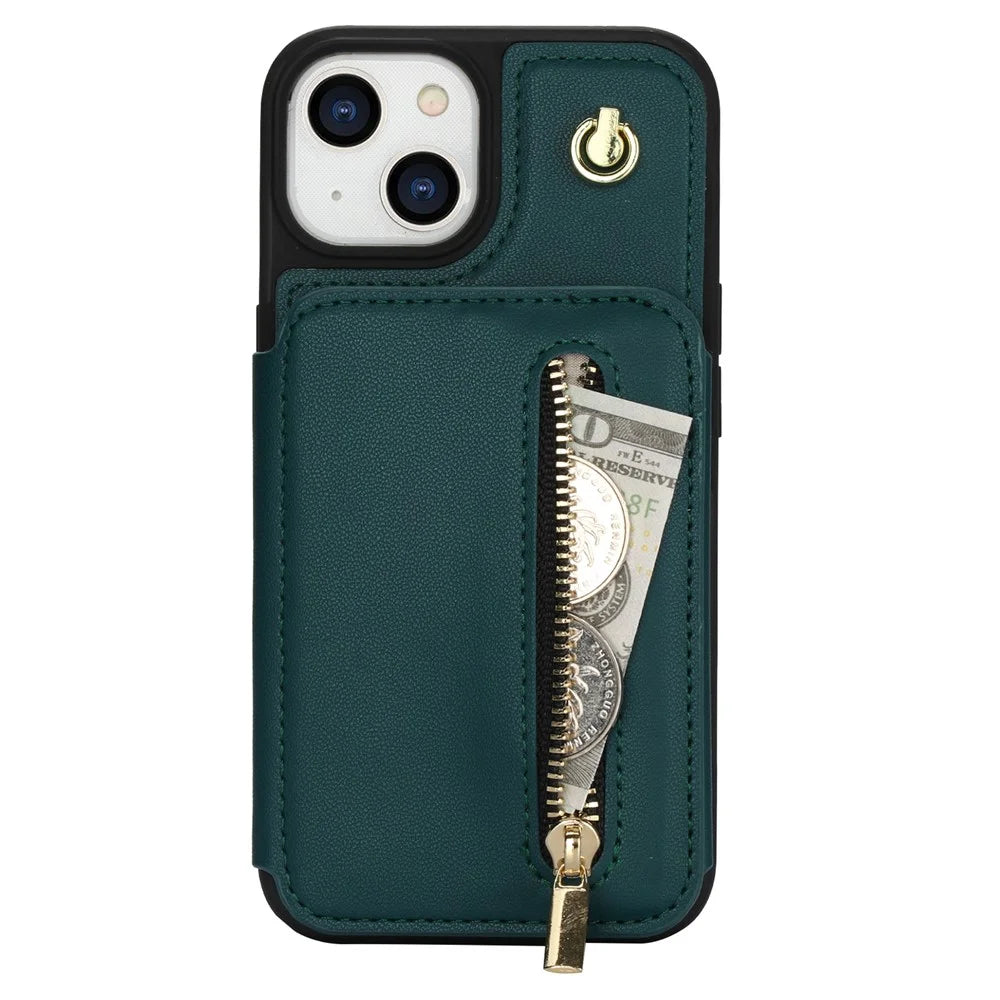 For iPhone 13 Case Zipper Pocket Kickstand Leather+TPU Phone Cover with 2 Straps - Blackish Green - 7