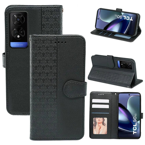 For TCL 50 5G Case PU Leather Cubic Grid Pattern Flip Folio Phone Wallet Cover - Black - 1