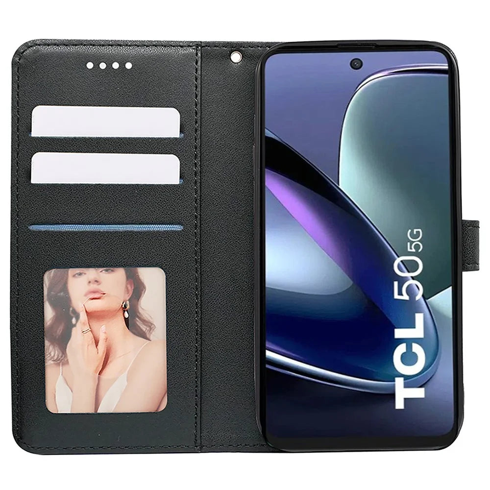 For TCL 50 5G Case PU Leather Cubic Grid Pattern Flip Folio Phone Wallet Cover - Black - 2