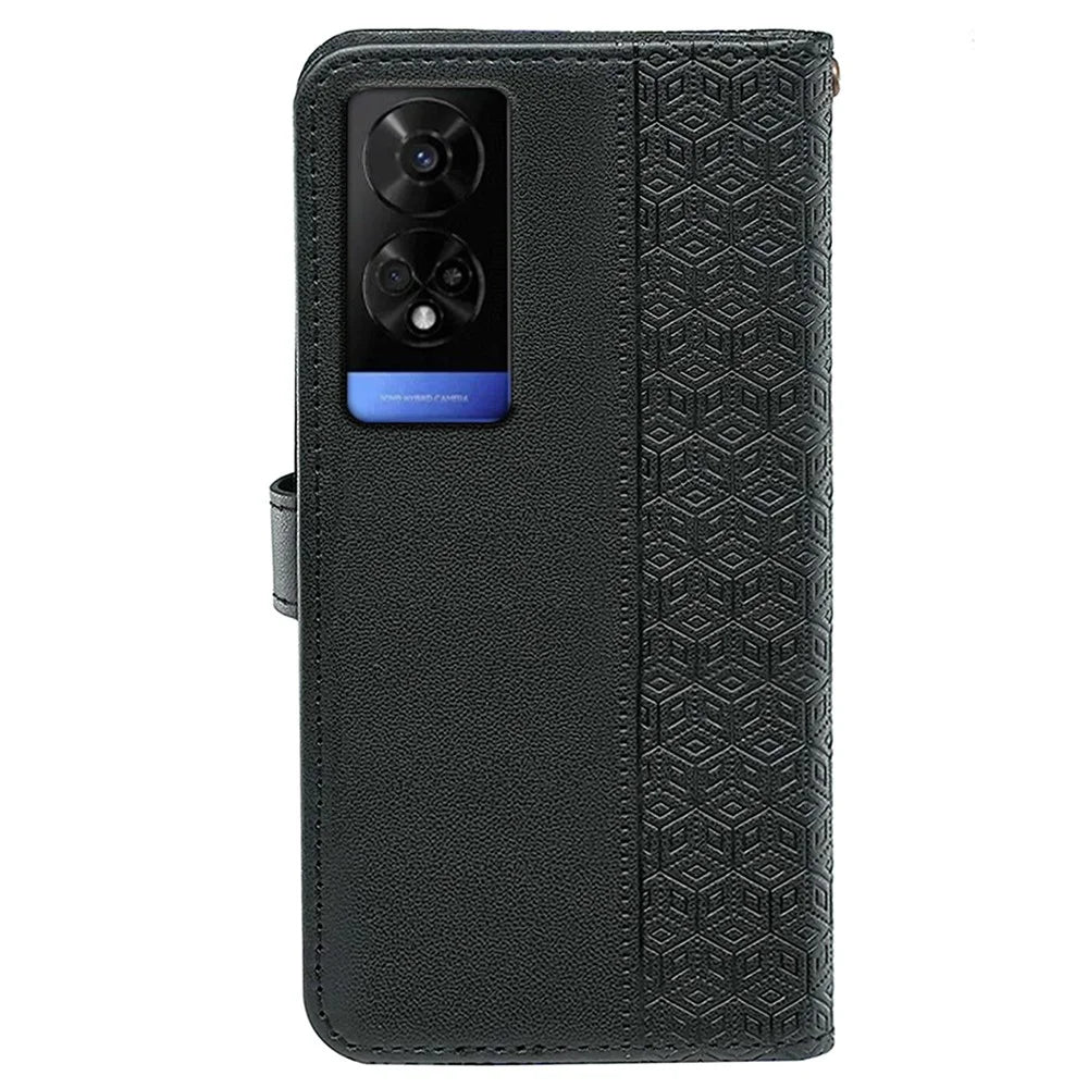 For TCL 50 5G Case PU Leather Cubic Grid Pattern Flip Folio Phone Wallet Cover - Black - 6