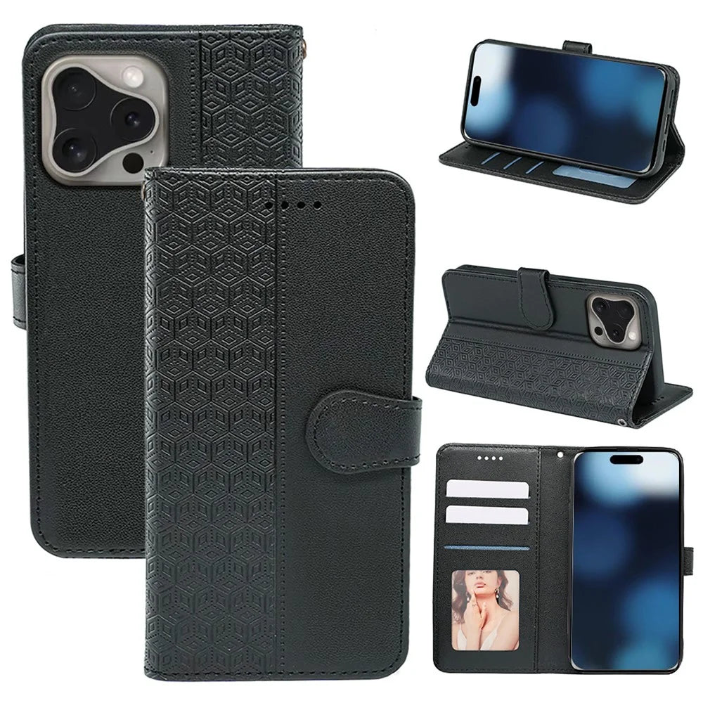 For iPhone 16 Pro Max Case Cubic Grid Imprinted Leather Phone Cover with Wallet - Black - 1