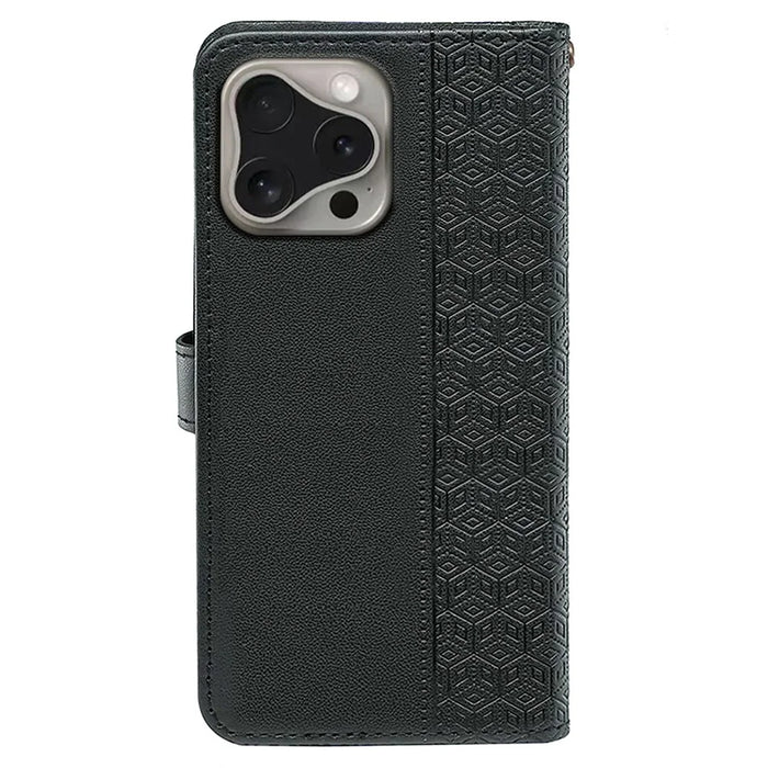 For iPhone 16 Pro Max Case Cubic Grid Imprinted Leather Phone Cover with Wallet - Black - 6