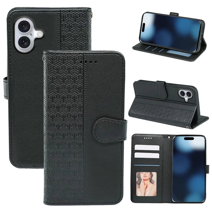 For iPhone 16 Case Cubic Grid Imprint PU Leather Folio Flip Phone Cover - Black - 1