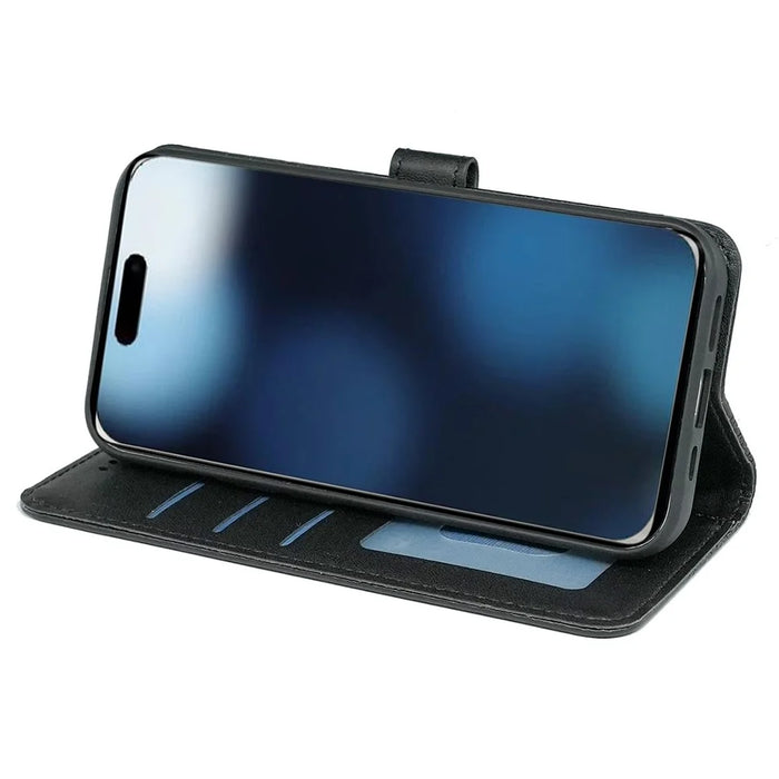 For iPhone 16 Case Cubic Grid Imprint PU Leather Folio Flip Phone Cover - Black - 3