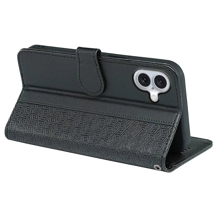 For iPhone 16 Case Cubic Grid Imprint PU Leather Folio Flip Phone Cover - Black - 4