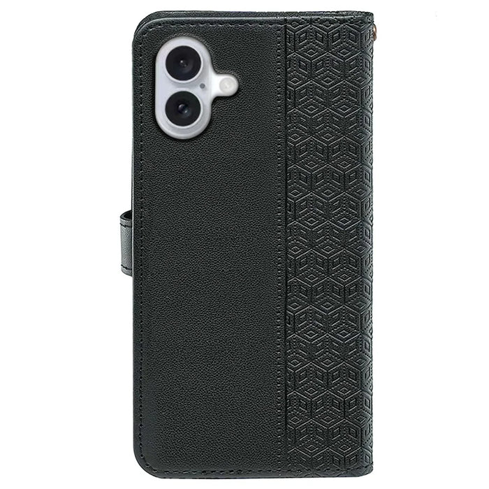 For iPhone 16 Case Cubic Grid Imprint PU Leather Folio Flip Phone Cover - Black - 6