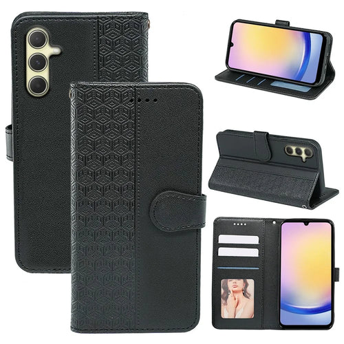 For Samsung Galaxy A15 4G / A15 5G Case Cubic Grid Imprinted Leather Flip Phone Cover - Black - 1