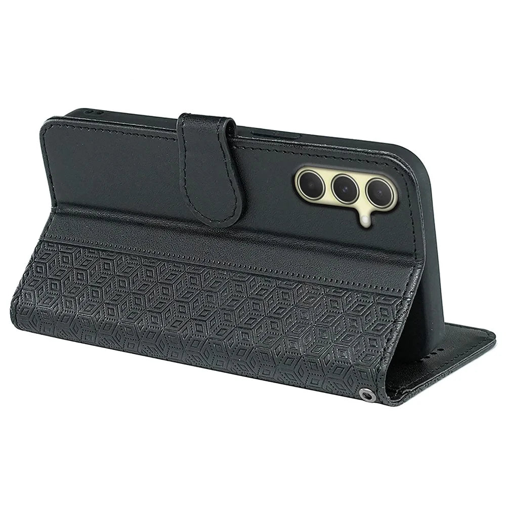For Samsung Galaxy A15 4G / A15 5G Case Cubic Grid Imprinted Leather Flip Phone Cover - Black - 4