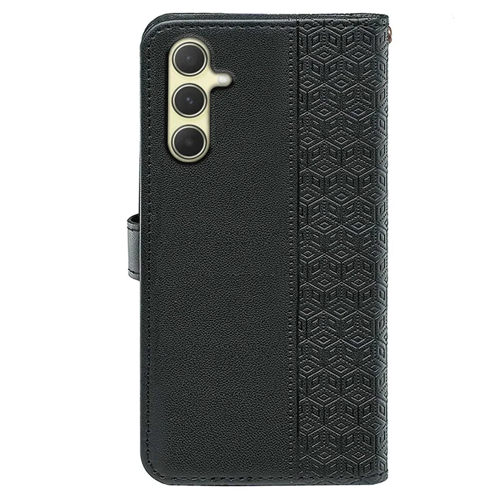 For Samsung Galaxy A15 4G / A15 5G Case Cubic Grid Imprinted Leather Flip Phone Cover - Black - 6