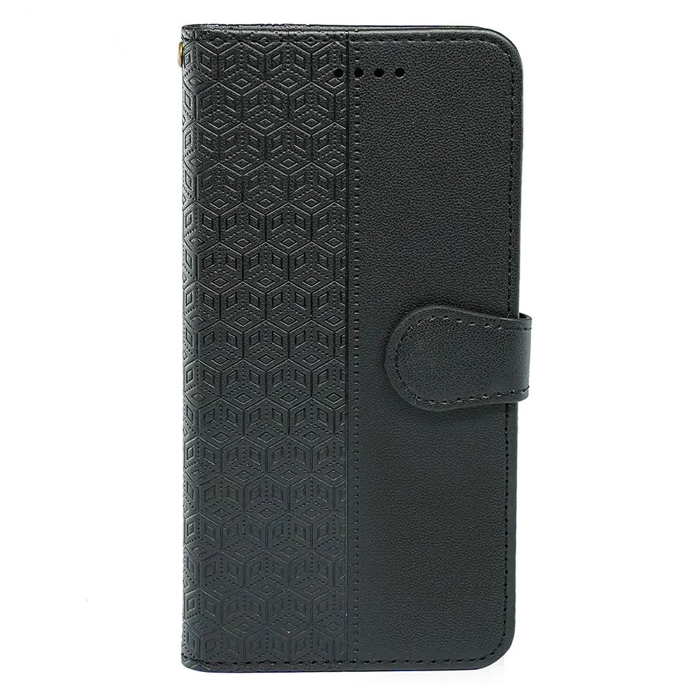 For Samsung Galaxy A25 5G (Global) (161.0 X 76.5 X 8.3mm) Case Leather Flip Phone Cover Cubic Grid Imprinted - Black - 5