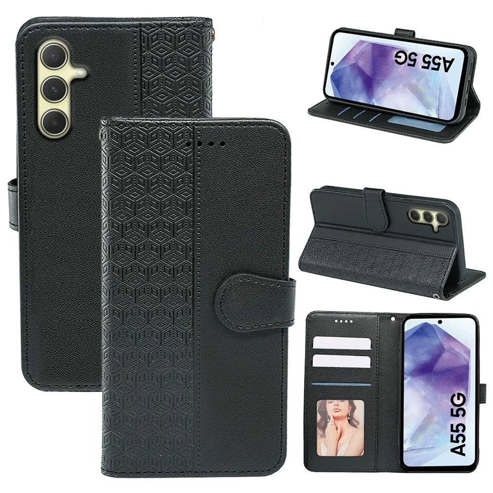 For Samsung Galaxy A55 5G Case Cubic Grid Imprint PU Leather Wallet Phone Cover - Black - 1