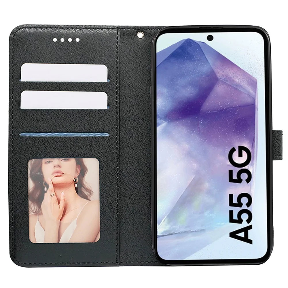 For Samsung Galaxy A55 5G Case Cubic Grid Imprint PU Leather Wallet Phone Cover - Black - 2