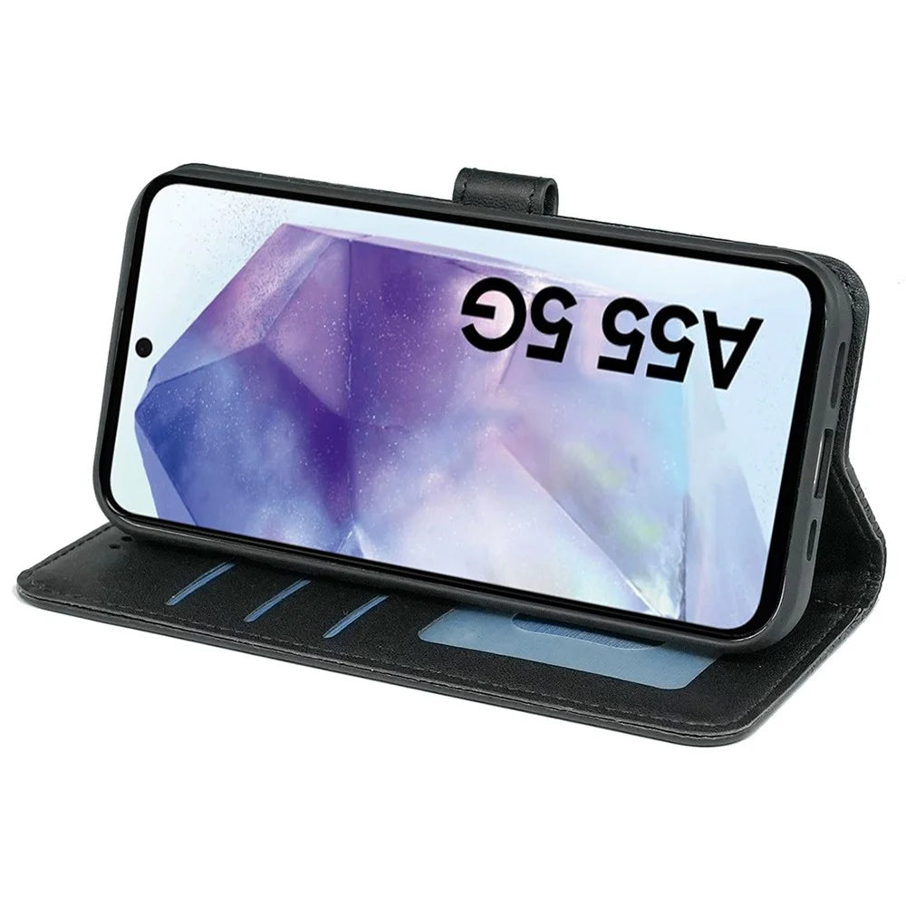 For Samsung Galaxy A55 5G Case Cubic Grid Imprint PU Leather Wallet Phone Cover - Black - 3