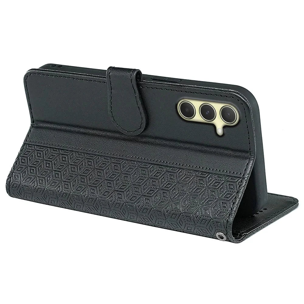 For Samsung Galaxy A55 5G Case Cubic Grid Imprint PU Leather Wallet Phone Cover - Black - 4