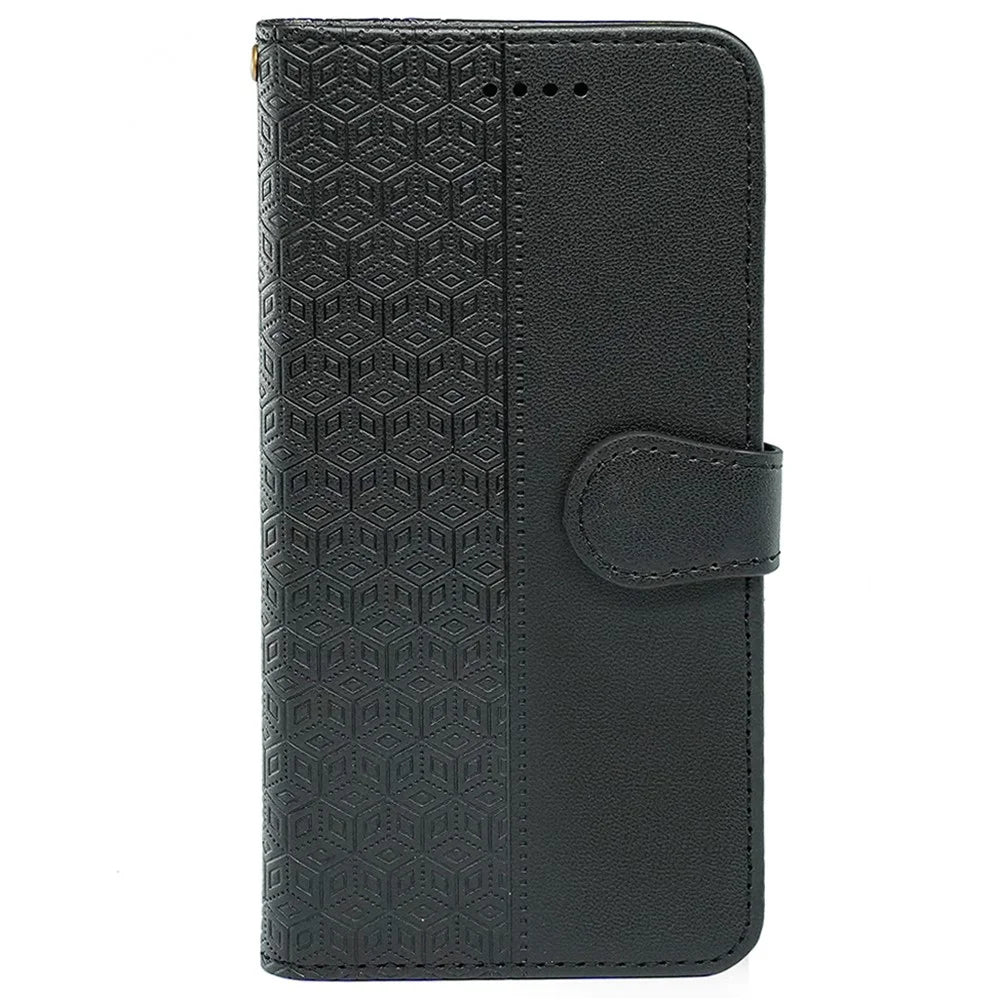 For Samsung Galaxy A55 5G Case Cubic Grid Imprint PU Leather Wallet Phone Cover - Black - 5