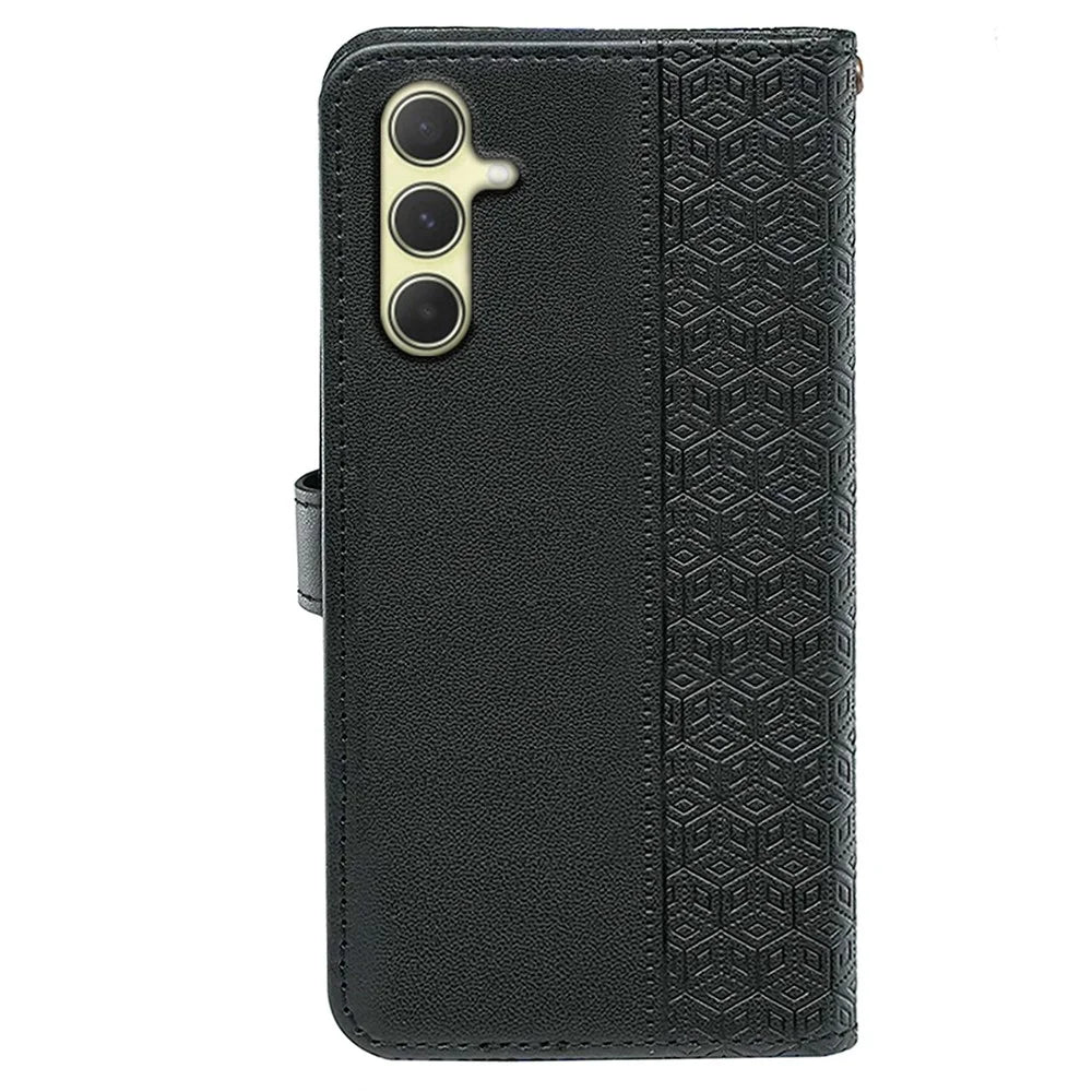For Samsung Galaxy A55 5G Case Cubic Grid Imprint PU Leather Wallet Phone Cover - Black - 6