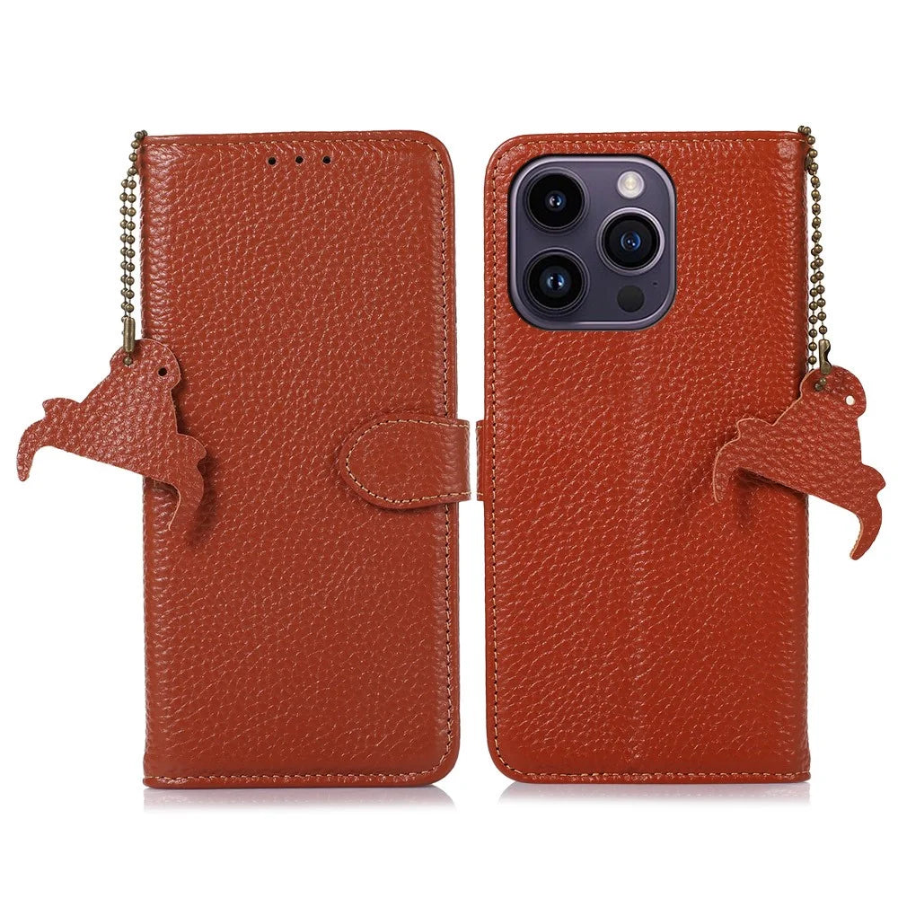For iPhone 16 Pro Max Case Litchi Texture Phone Cover Genuine Cow Leather RFID Blocking - Brown - 1