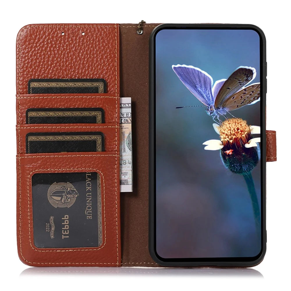 For iPhone 16 Pro Max Case Litchi Texture Phone Cover Genuine Cow Leather RFID Blocking - Brown - 2