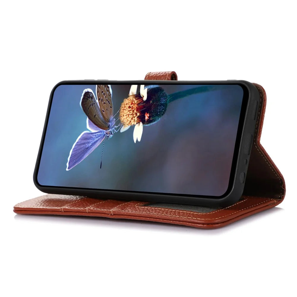 For iPhone 16 Pro Max Case Litchi Texture Phone Cover Genuine Cow Leather RFID Blocking - Brown - 3