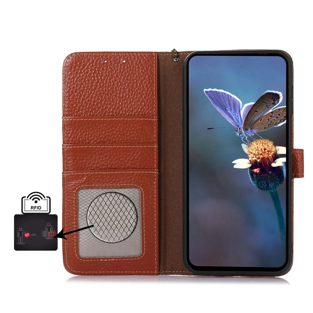 For iPhone 16 Pro Max Case Litchi Texture Phone Cover Genuine Cow Leather RFID Blocking - Brown - 4