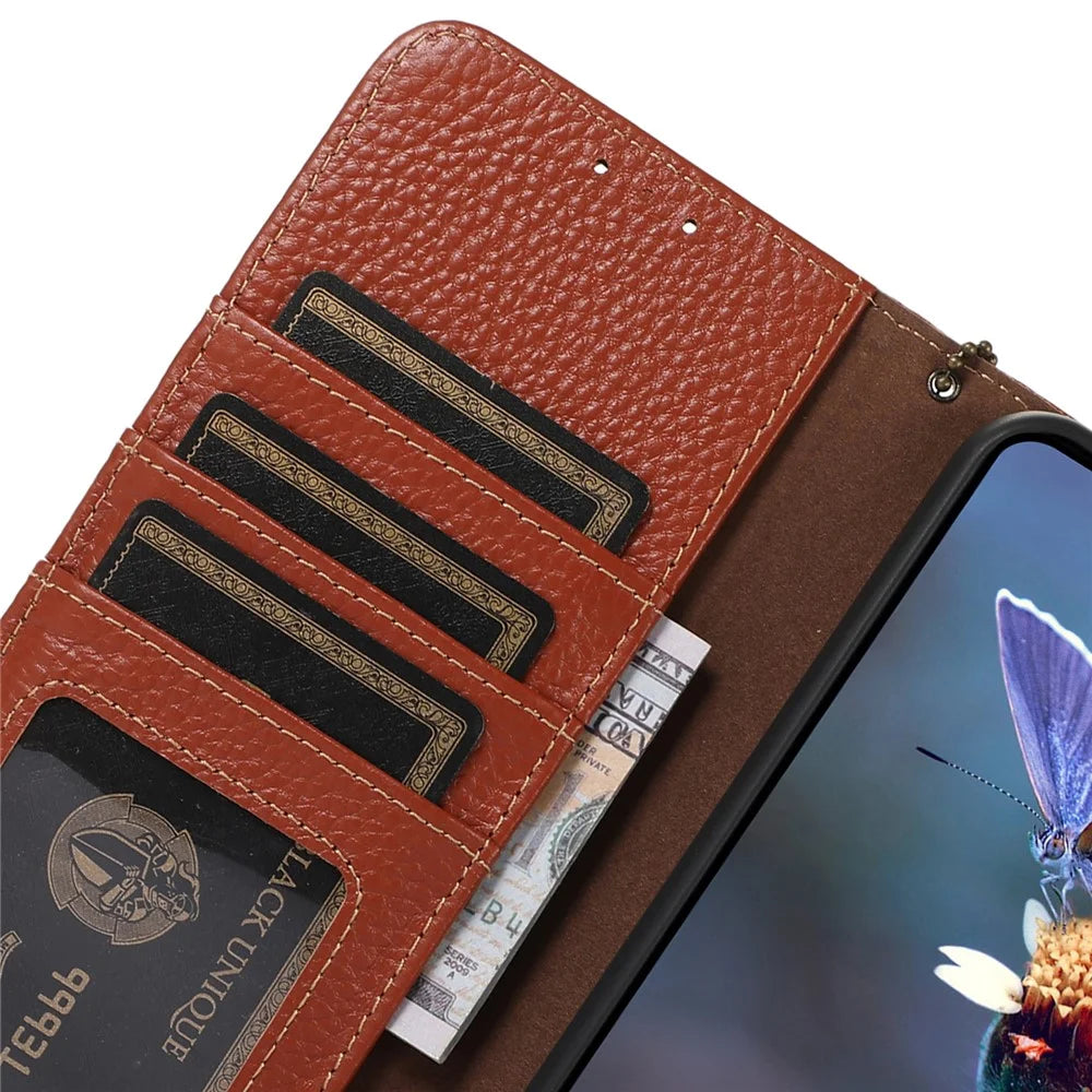 For iPhone 16 Pro Max Case Litchi Texture Phone Cover Genuine Cow Leather RFID Blocking - Brown - 5