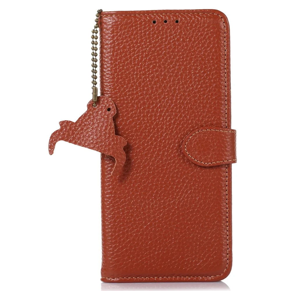 For iPhone 16 Pro Max Case Litchi Texture Phone Cover Genuine Cow Leather RFID Blocking - Brown - 6