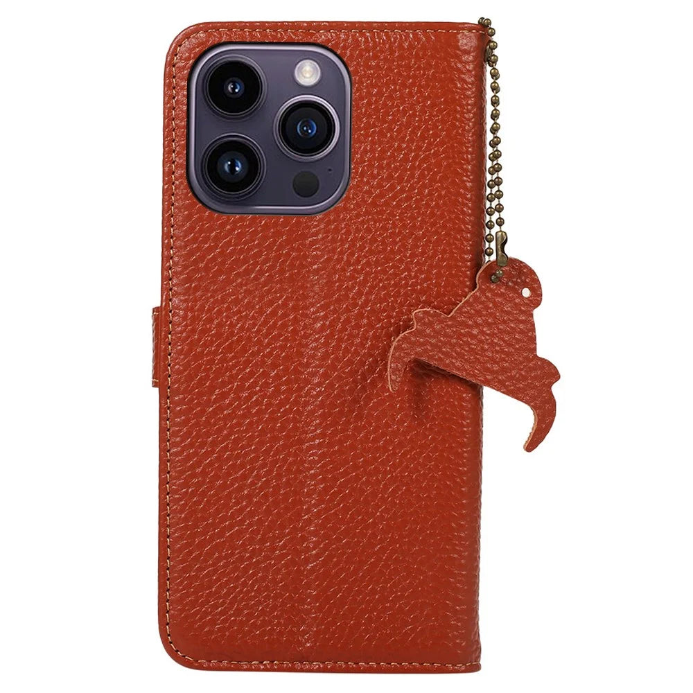 For iPhone 16 Pro Max Case Litchi Texture Phone Cover Genuine Cow Leather RFID Blocking - Brown - 7