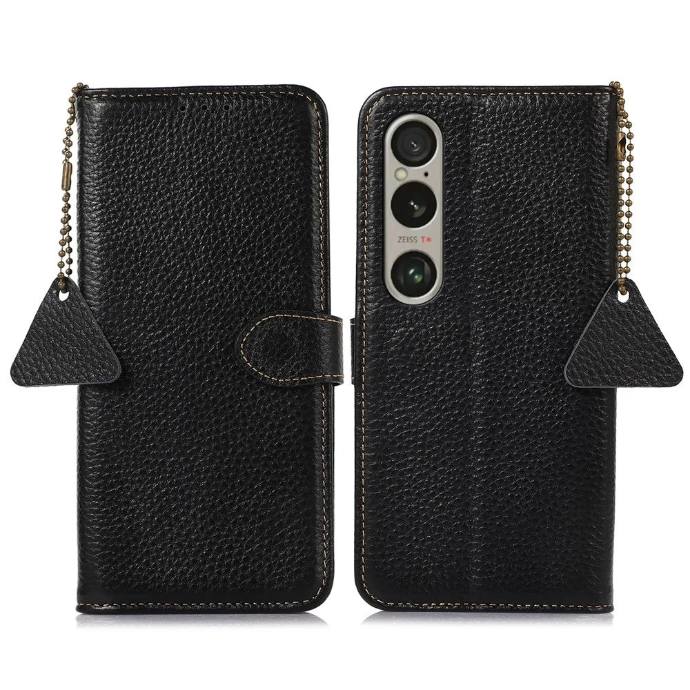 For Sony Xperia 1 VI Case Genuine Cow Leather RFID Blocking Wallet Phone Cover Litchi Texture - Black - 1