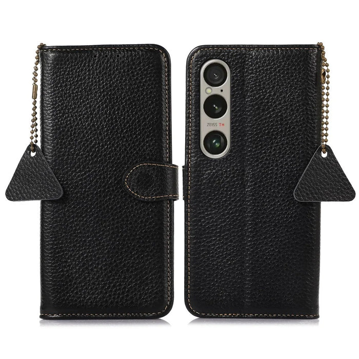 For Sony Xperia 1 VI Case Genuine Cow Leather RFID Blocking Wallet Phone Cover Litchi Texture - Black - 1