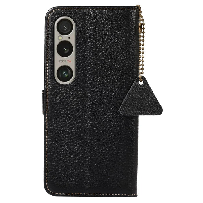 For Sony Xperia 1 VI Case Genuine Cow Leather RFID Blocking Wallet Phone Cover Litchi Texture - Black - 7