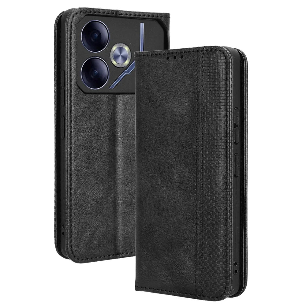 For TECNO Pova 6 4G Case Leather Magnetic Closure Phone Cover TPU Shockproof Inner Shell - Black - 1