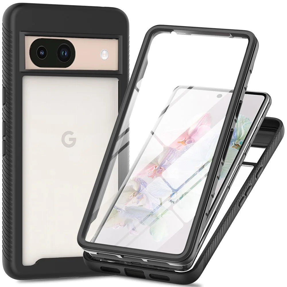 For Google Pixel 8a Case PC+TPU Clear Phone Cover with PET Screen Film All-Around Protection - Black - 1