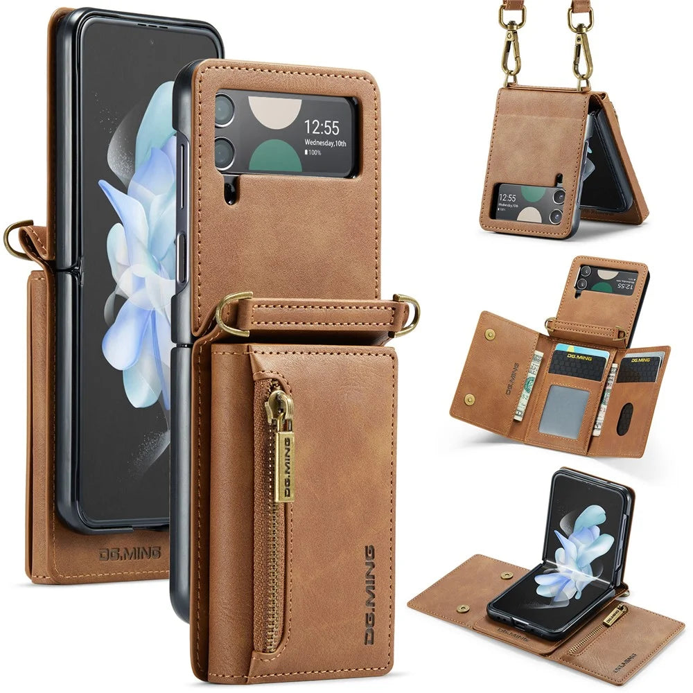 DG.MING M5 Series for Samsung Galaxy Z Flip4 5G Case RFID Blocking PU Leather+PC Folding Phone Cover - Brown - 1