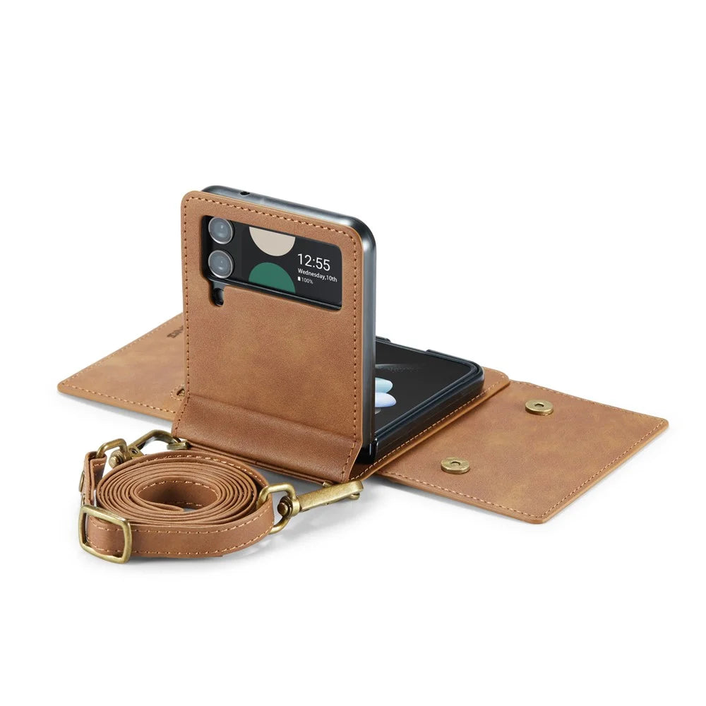 DG.MING M5 Series for Samsung Galaxy Z Flip4 5G Case RFID Blocking PU Leather+PC Folding Phone Cover - Brown - 5