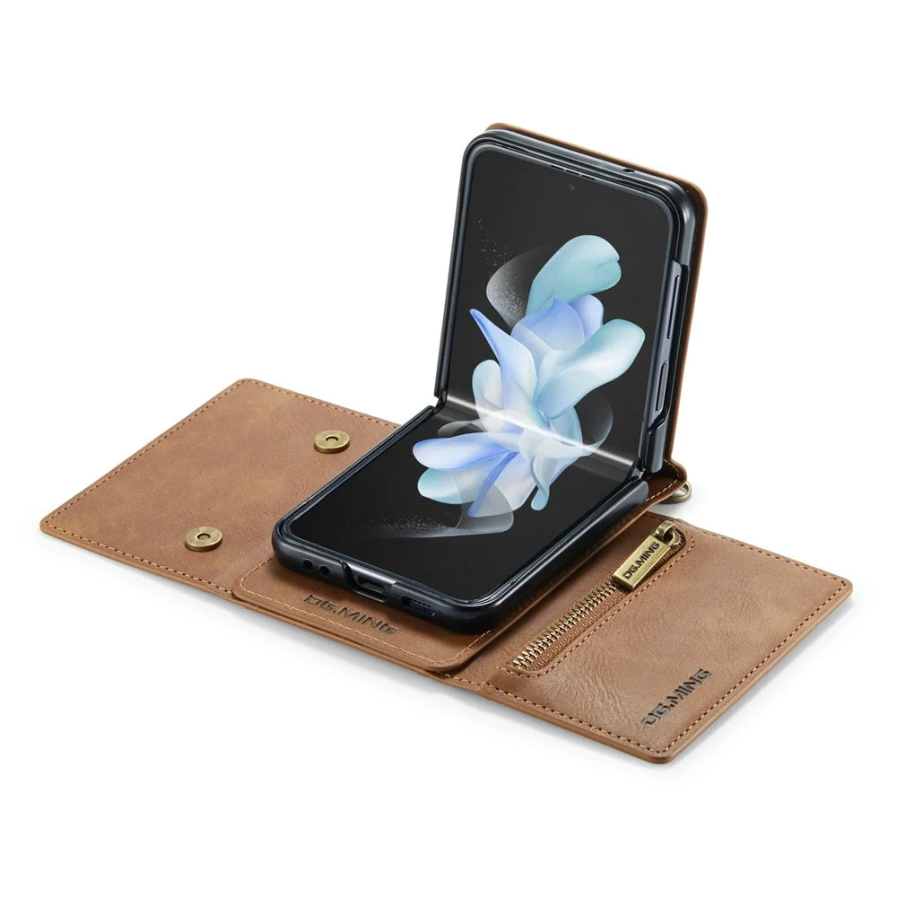 DG.MING M5 Series for Samsung Galaxy Z Flip4 5G Case RFID Blocking PU Leather+PC Folding Phone Cover - Brown - 6