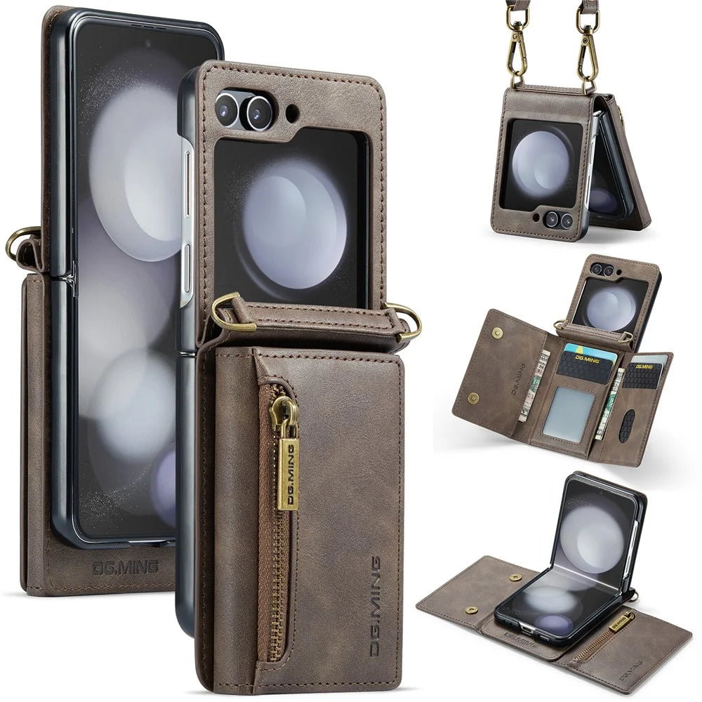 DG.MING M5 Series for Samsung Galaxy Z Flip5 5G Case Kickstand Zipper Wallet Leather+PC Phone Cover - Coffee - 1