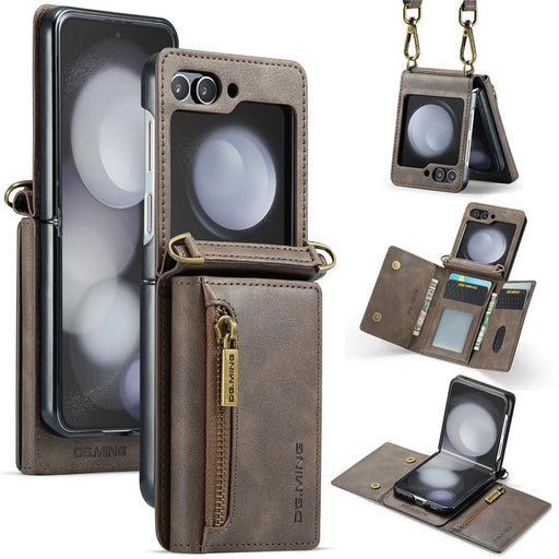 DG.MING M5 Series for Samsung Galaxy Z Flip5 5G Case Kickstand Zipper Wallet Leather+PC Phone Cover - Coffee - 1