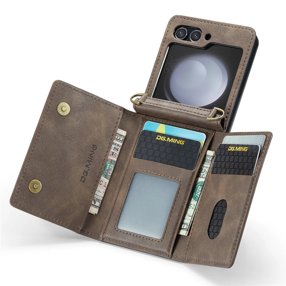 DG.MING M5 Series for Samsung Galaxy Z Flip5 5G Case Kickstand Zipper Wallet Leather+PC Phone Cover - Coffee - 2