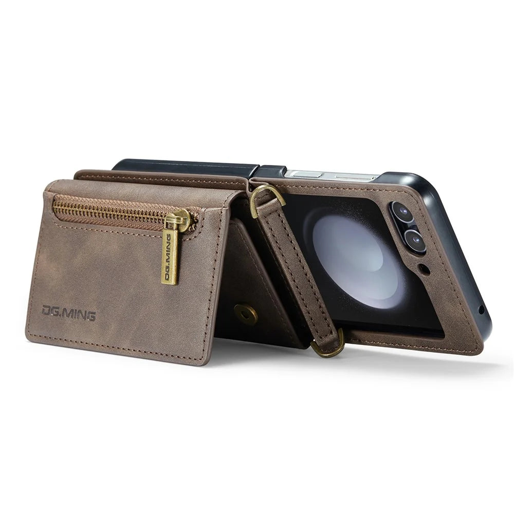 DG.MING M5 Series for Samsung Galaxy Z Flip5 5G Case Kickstand Zipper Wallet Leather+PC Phone Cover - Coffee - 3