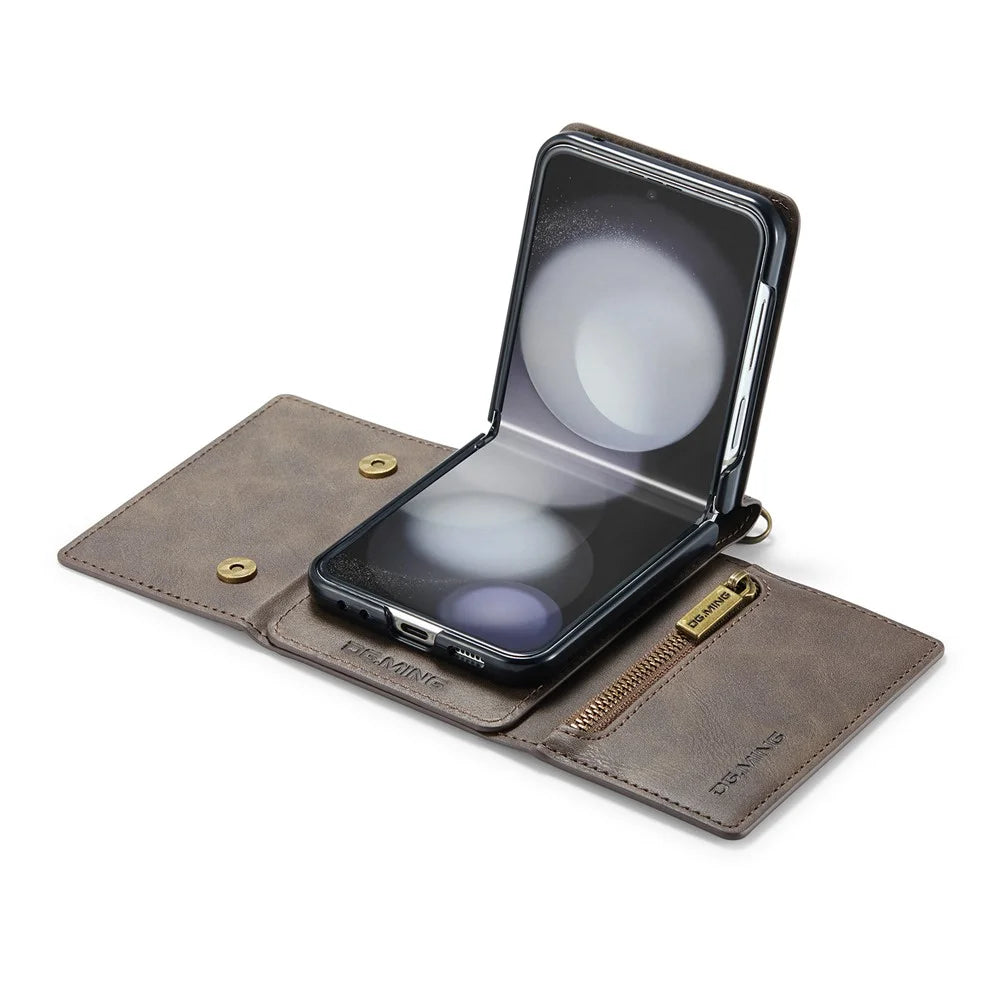 DG.MING M5 Series for Samsung Galaxy Z Flip5 5G Case Kickstand Zipper Wallet Leather+PC Phone Cover - Coffee - 6