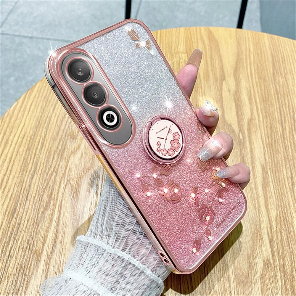 KADEM For OnePlus Nord CE4 5G Case Flower Glitter TPU Cover with Ring Kickstand - Rose Gold - 3