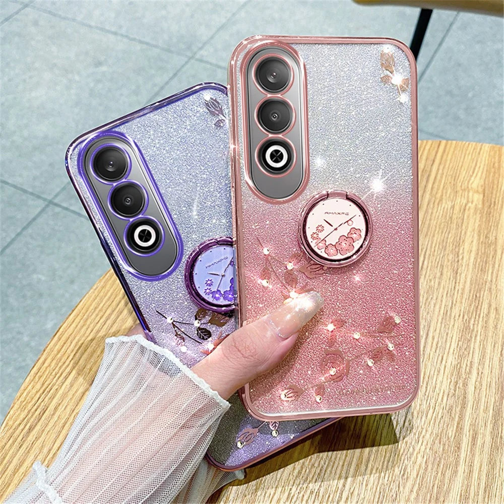 KADEM For OnePlus Nord CE4 5G Case Flower Glitter TPU Cover with Ring Kickstand - Rose Gold - 5