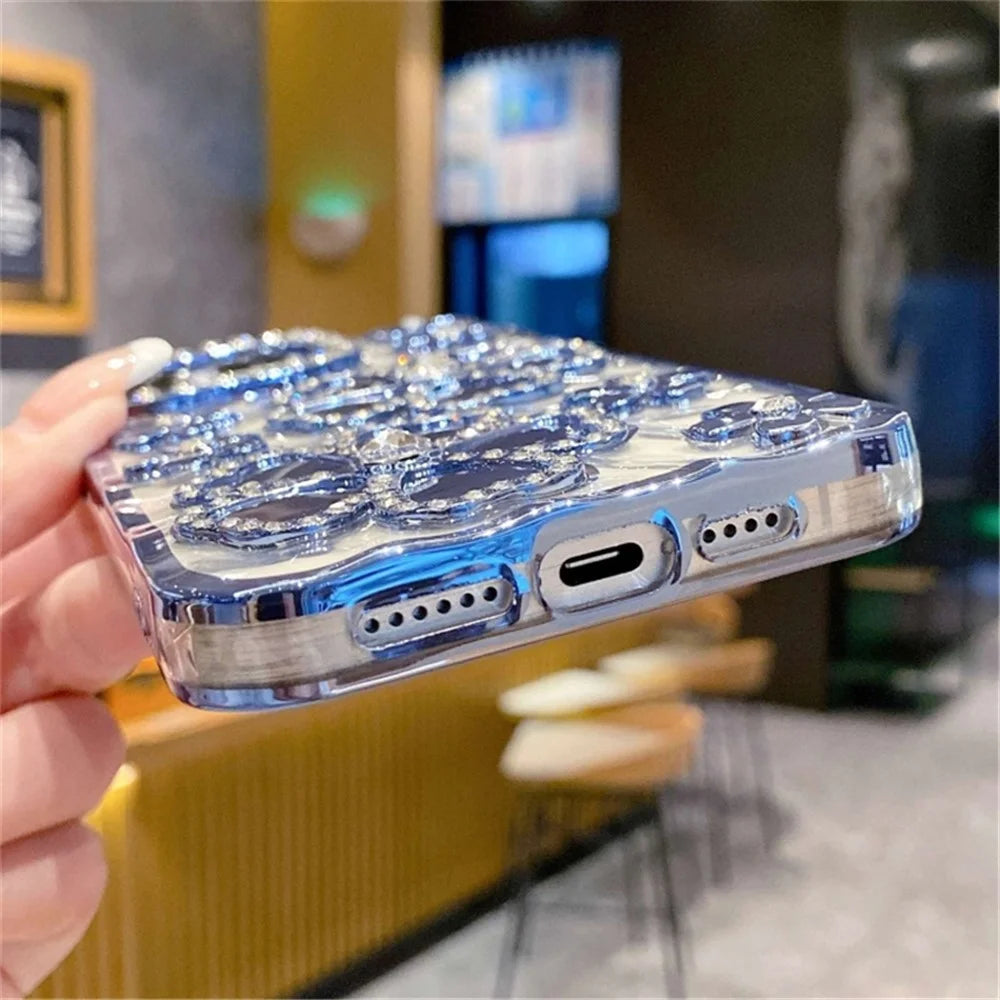 For iPhone 15 Pro Case Soft TPU Phone Cover with Electroplating Rhinestone Flower Decor - Blue - 3