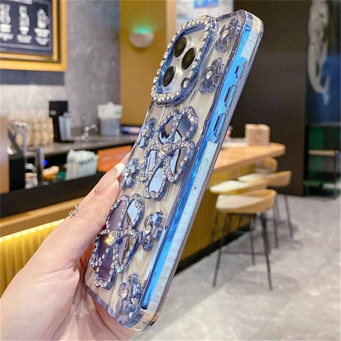For iPhone 15 Pro Max Case Rhinestone Flower Electroplating TPU Phone Cover - Blue - 2