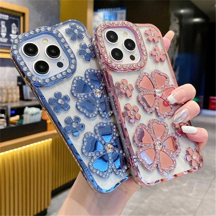 For iPhone 15 Pro Max Case Rhinestone Flower Electroplating TPU Phone Cover - Blue - 4