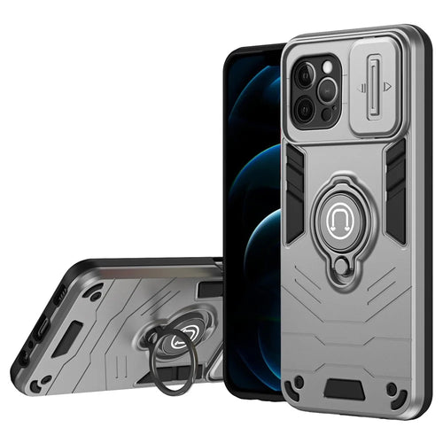 For iPhone 12 Pro Case Camera Protection PC + TPU Phone Cover with Finger Ring Holder - Grey - 1