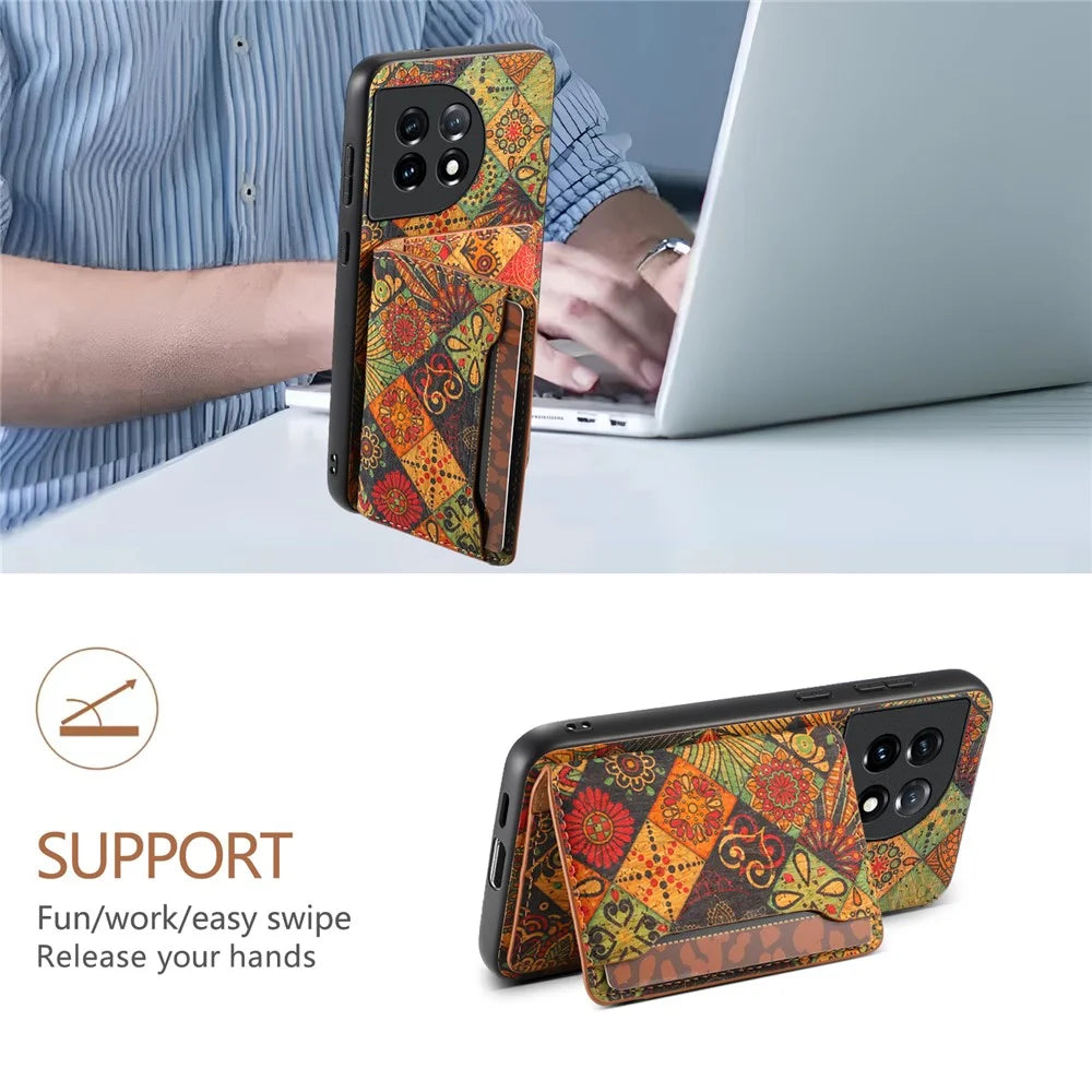 For OnePlus 11 5G Shockproof Case Kickstand Card Slot PU+TPU+PC Phone Shell - Autumn / Yellow - 5