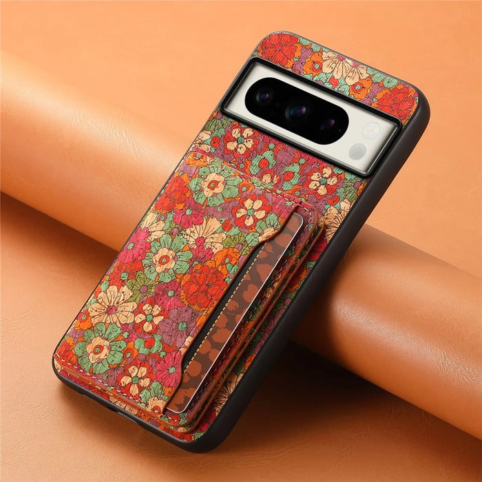 For Google Pixel 8 Pro Case Floral Pattern Card Slot Kickstand PU+TPU+PC Phone Shell - Summer / Red - 6