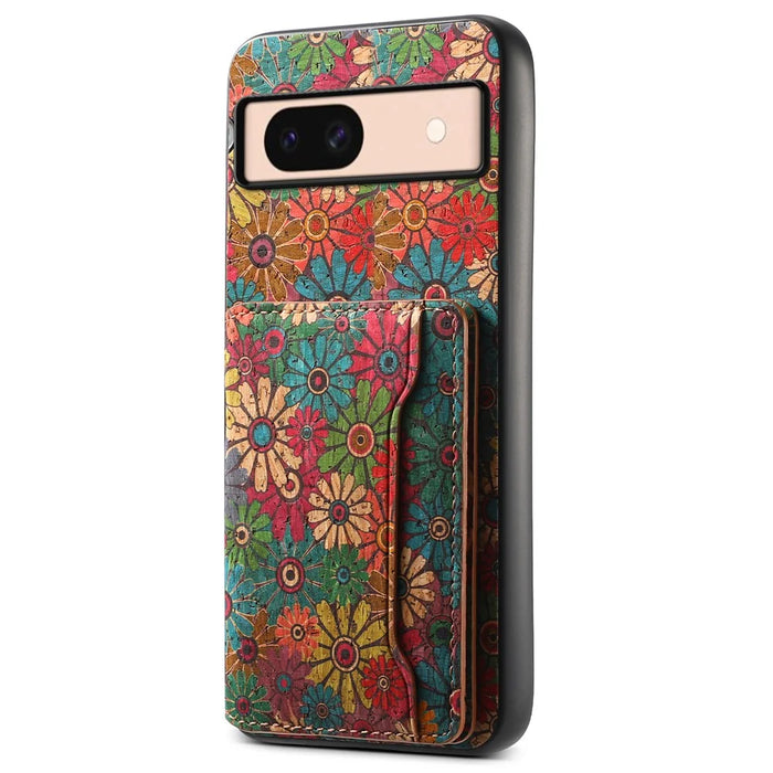 For Google Pixel 8a Case Leather Card Holder Phone Cover Floral Flower Pattern - Spring / Green - 1