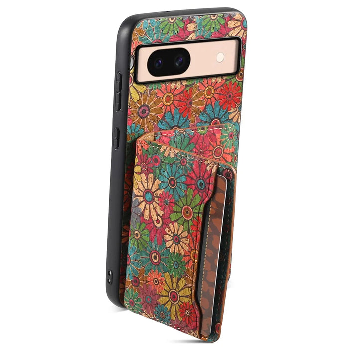 For Google Pixel 8a Case Leather Card Holder Phone Cover Floral Flower Pattern - Spring / Green - 2